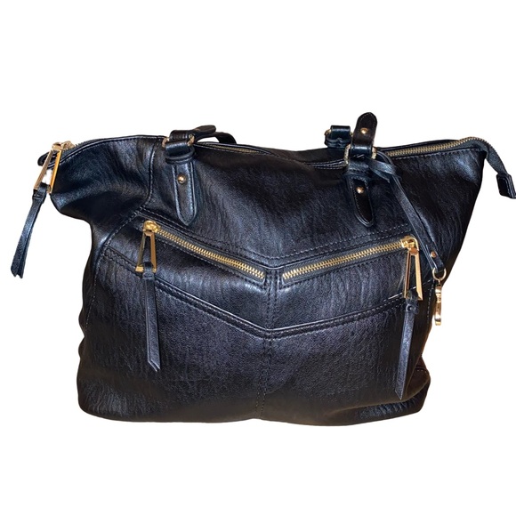 JESSICA SIMPSON Shoulder Bag Handbag Faux Vegan Leather Signature Bag Black Gold - Picture 3 of 7